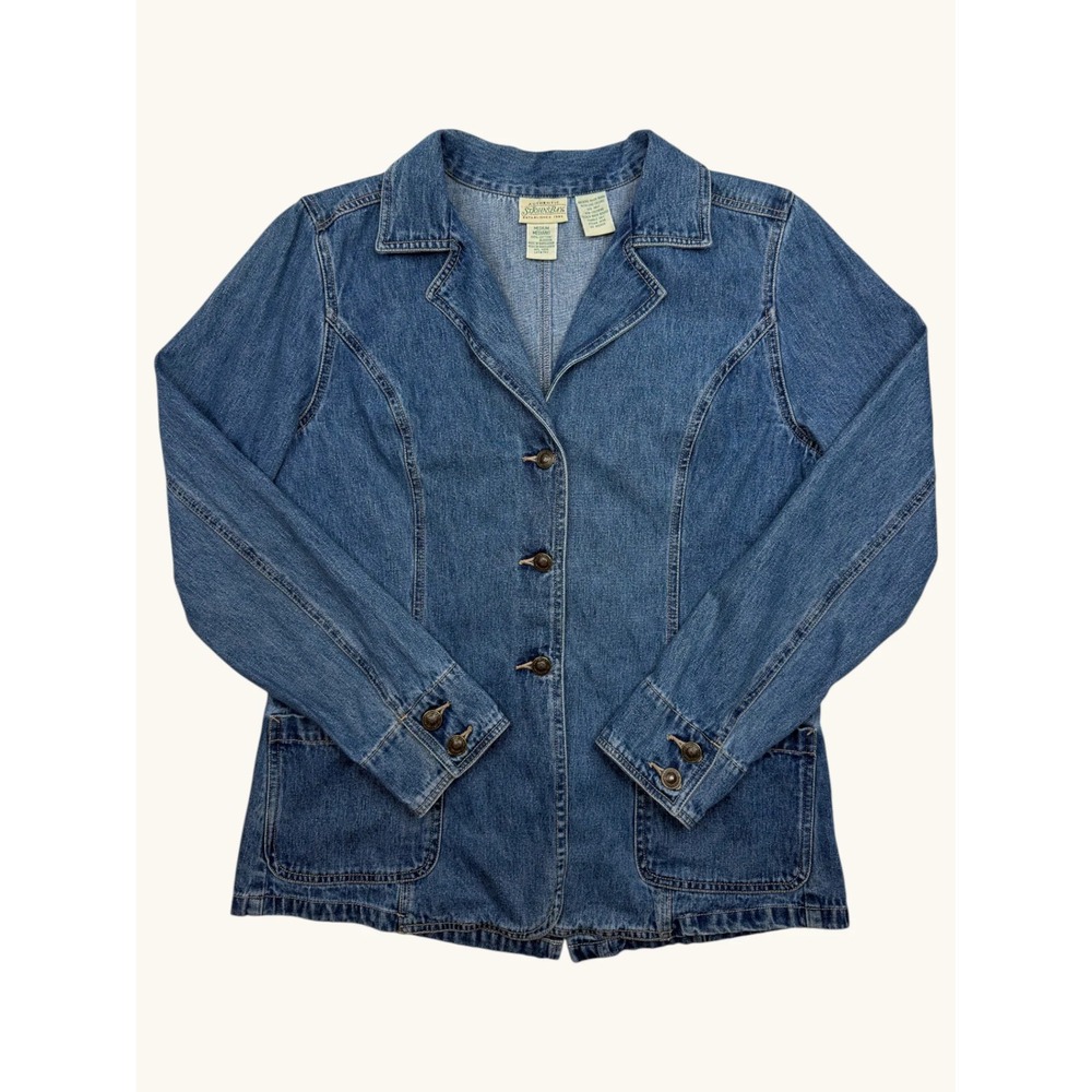 St Johns Bay Womens Denim Blazer Jacket Medium Wash Blue Cotton Button Up M